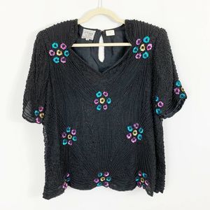 Stenay Plus Size Sequin Beaded Floral Blouse 1X